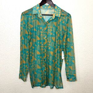 Nia Lynn Collection Sheer Mesh Long Sleeve Button Down Top Geo Print Size M